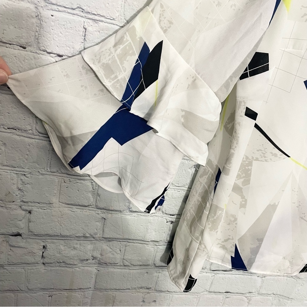 White Blue Yellow Geometric Ruffle Sleeve Blouse Large |Bell Sleeve Work Top - Picture 6 of 9